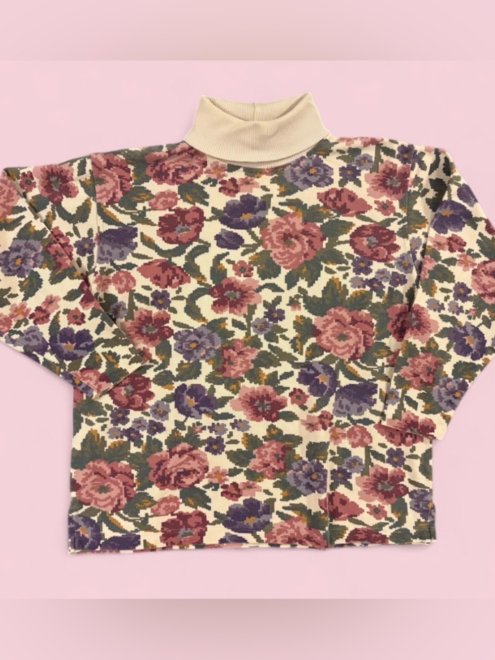 Vintage Eddie Bauer Floral Turtleneck Sweatshirt Womens L 100% Cotton 90s